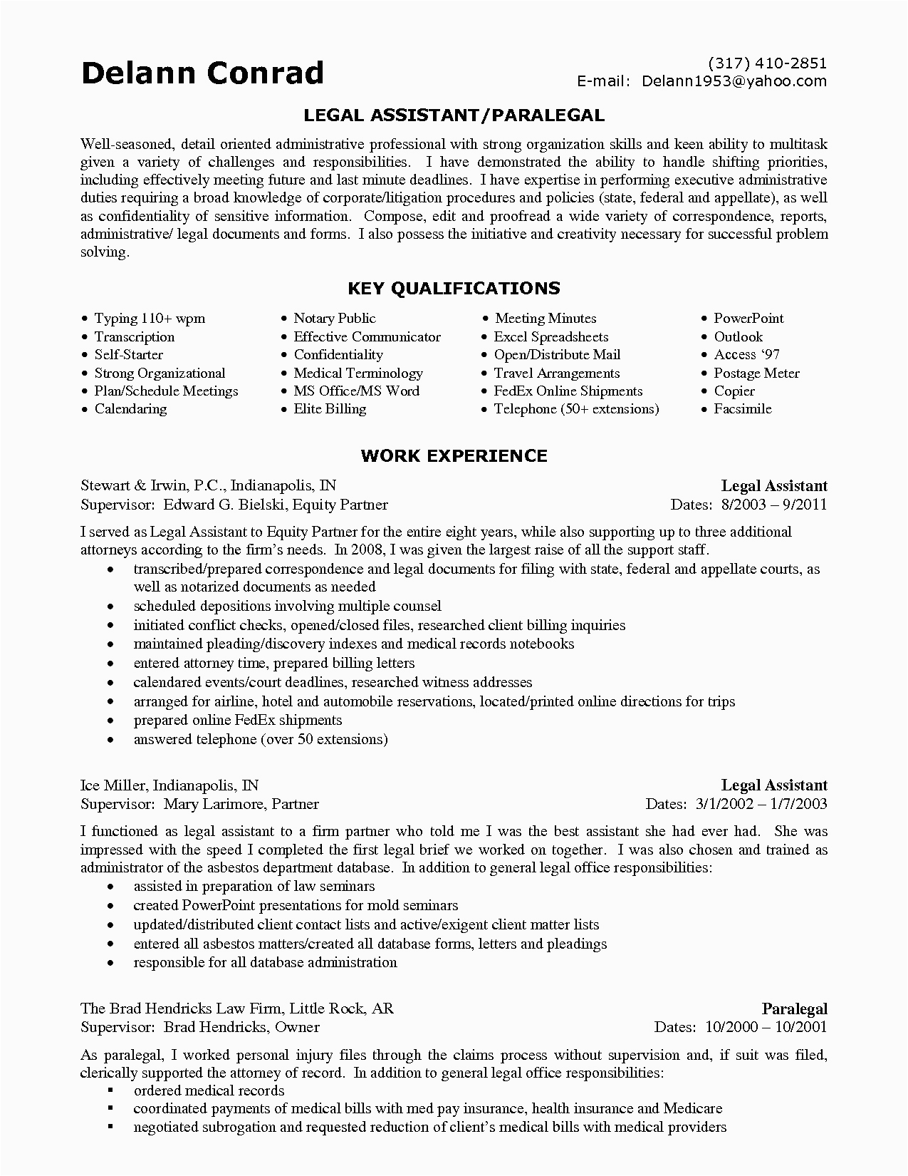 Sample Resume for Personal Injury Legal assistant Entry Level Legal assistant Resume