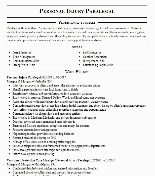 Sample Resume for Personal Injury Legal assistant Personal Injury Legal assistant Resume Example the Law Fices Mark