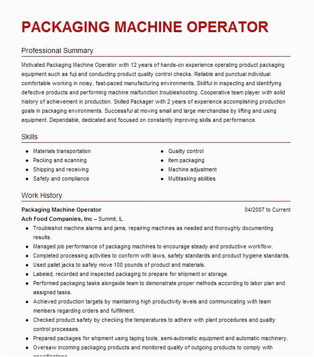 Sample Resume for Pharmaceutical Machine Operators Pharmaceutical Packaging Machine Operator Resume Example Pany Name