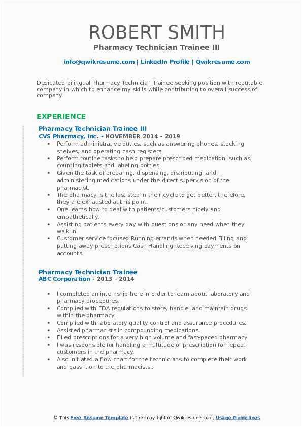 Sample Resume for Pharmacy Technician Trainee Pharmacy Technician Trainee Resume Samples