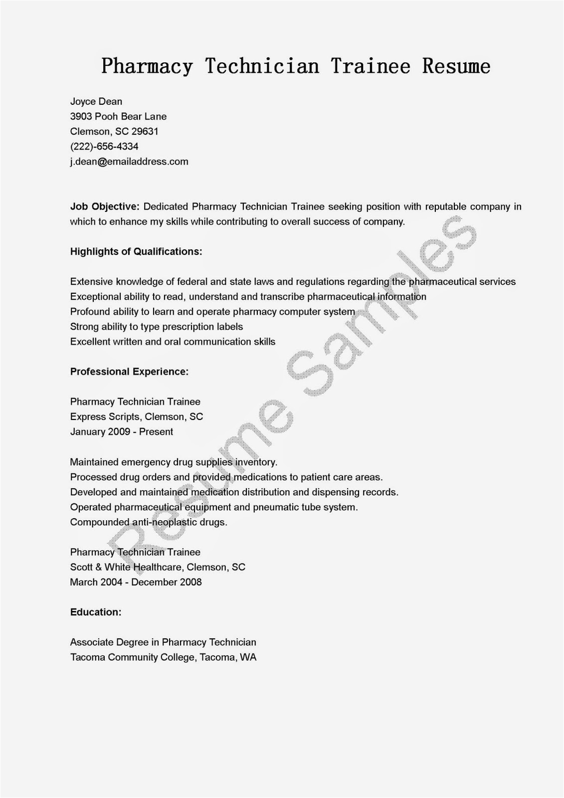 Sample Resume for Pharmacy Technician Trainee Resume Samples Pharmacy Technician Trainee Resume Sample