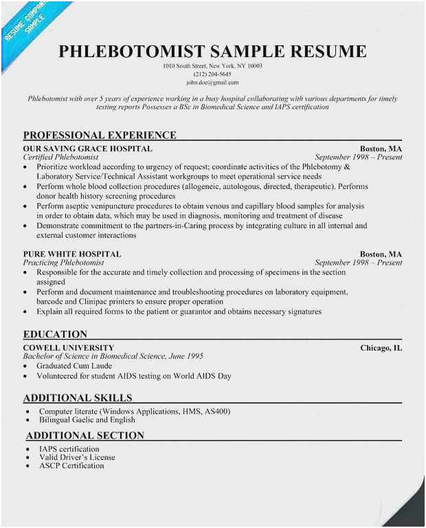 Sample Resume for Phlebotomist with Experience Free Collection 51 Phlebotomist Resume 2019