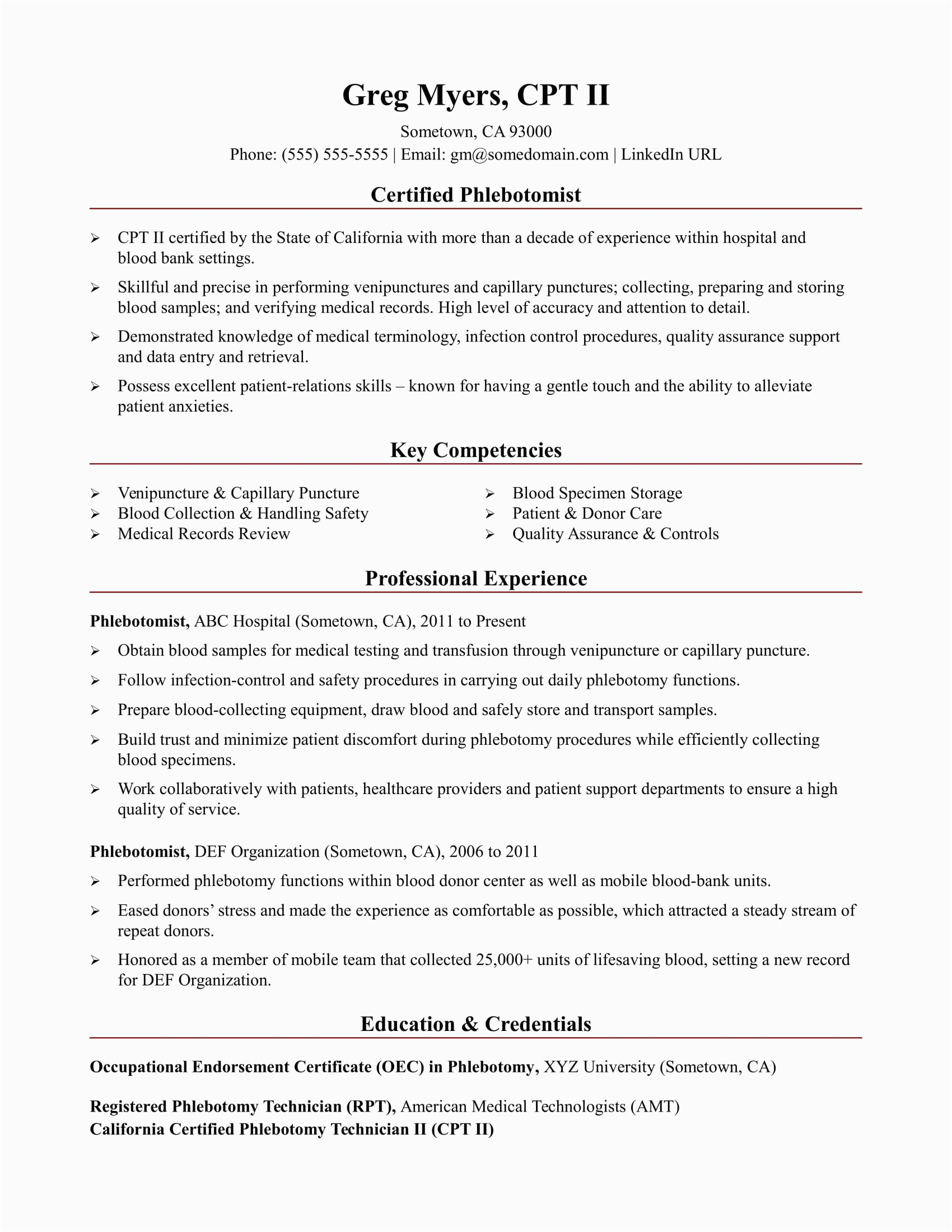 Sample Resume for Phlebotomist with Experience Phlebotomist Resume Sample