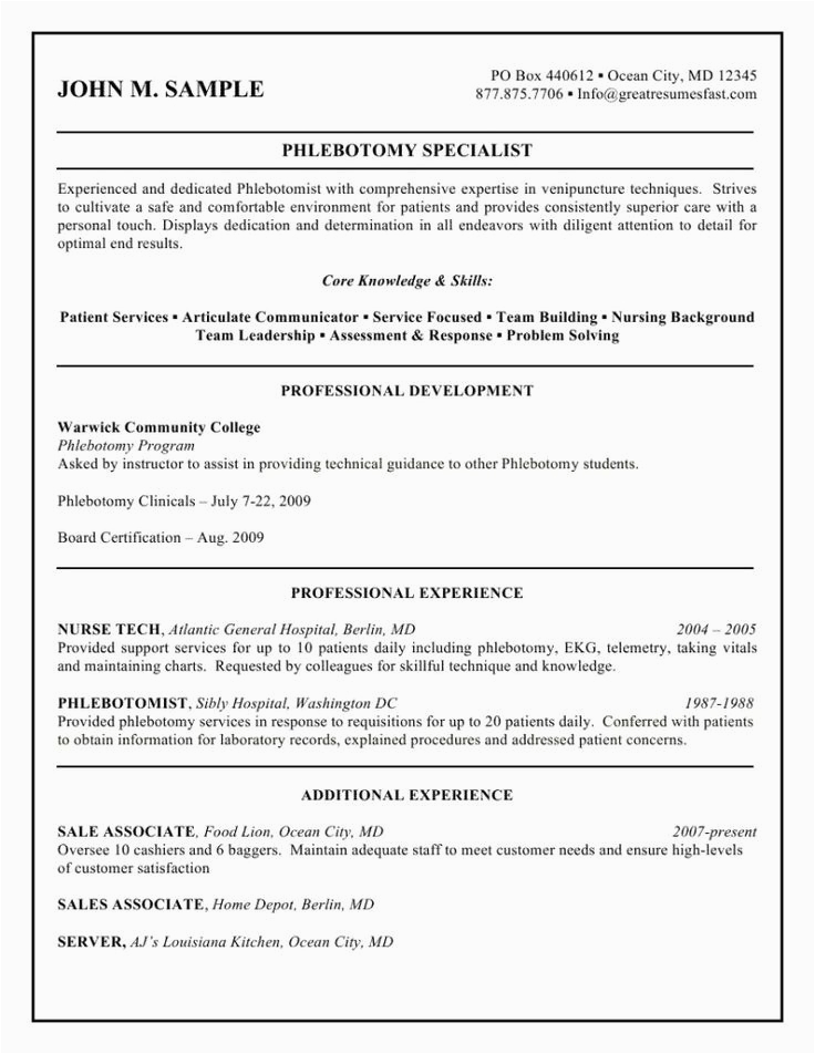 Sample Resume for Phlebotomist with Experience Sample Phlebotomist Resume Latest format Phlebotomy