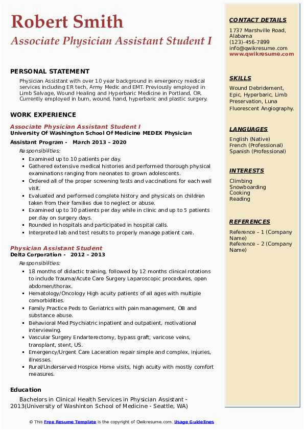Sample Resume for Physician assistant School Physician assistant Student Resume Samples
