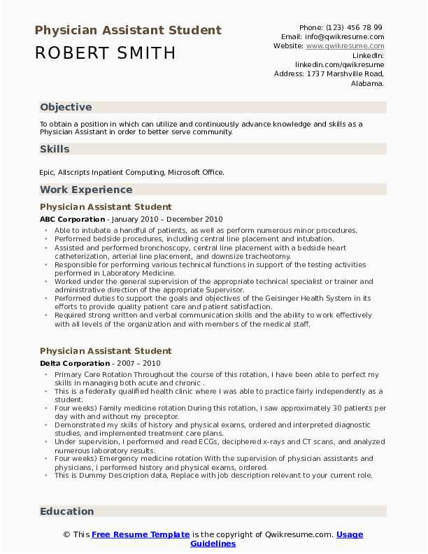 Sample Resume for Physician assistant School Physician assistant Student Resume Samples