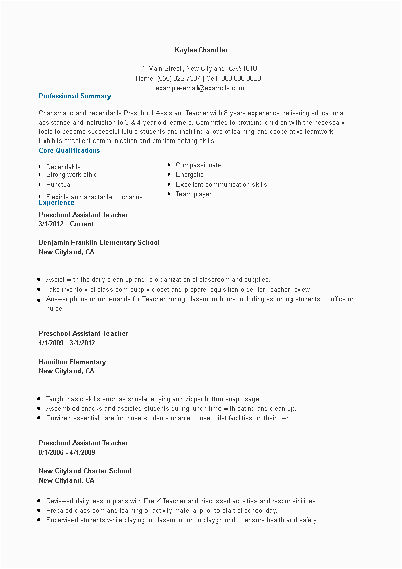 Sample Resume for Preschool Teacher Aide Preschool assistant Teacher Resume with Experience