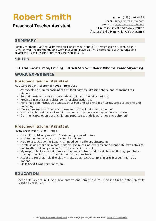 Sample Resume for Preschool Teacher Aide Preschool Teacher assistant Resume Samples