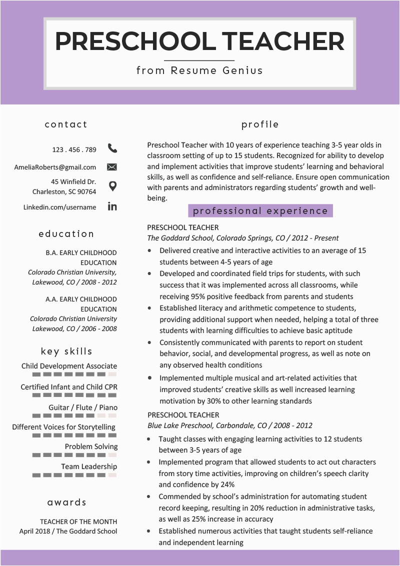 Sample Resume for Preschool Teacher Aide Preschool Teacher Resume Samples & Writing Guide