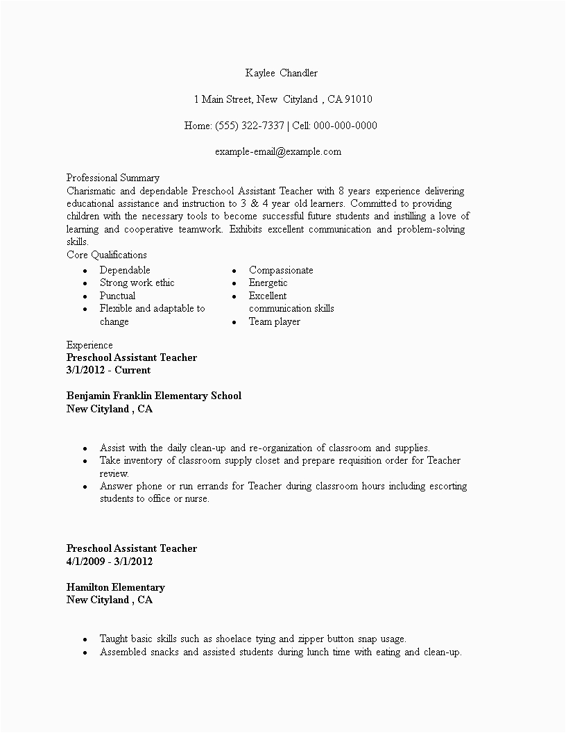 Sample Resume for Preschool Teacher Aide Sample Resume for Preschool Teacher assistant