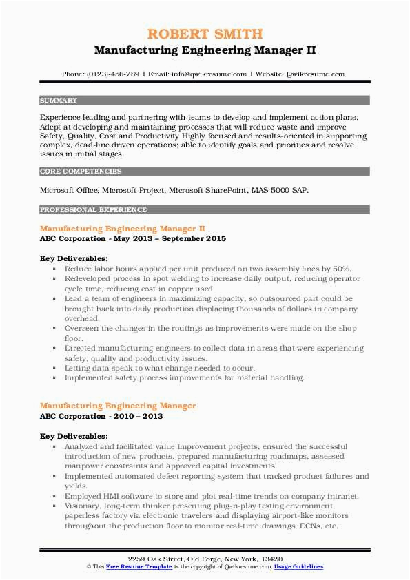 Sample Resume for Project Manager In Manufacturing Manufacturing Engineering Manager Resume Samples