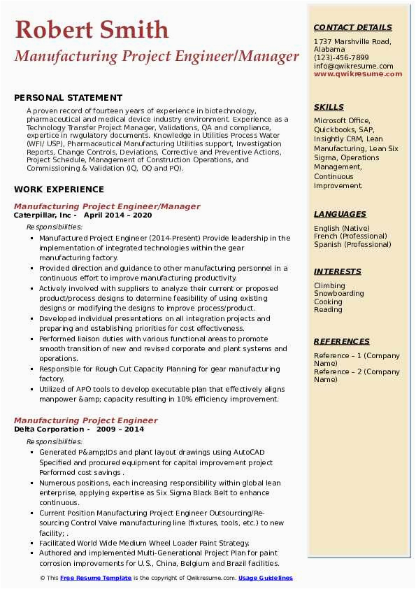 Sample Resume for Project Manager In Manufacturing Manufacturing Project Engineer Resume Samples