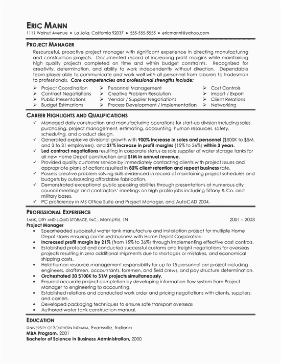 Sample Resume for Project Manager In Manufacturing Manufacturing Project Manager Resume Example
