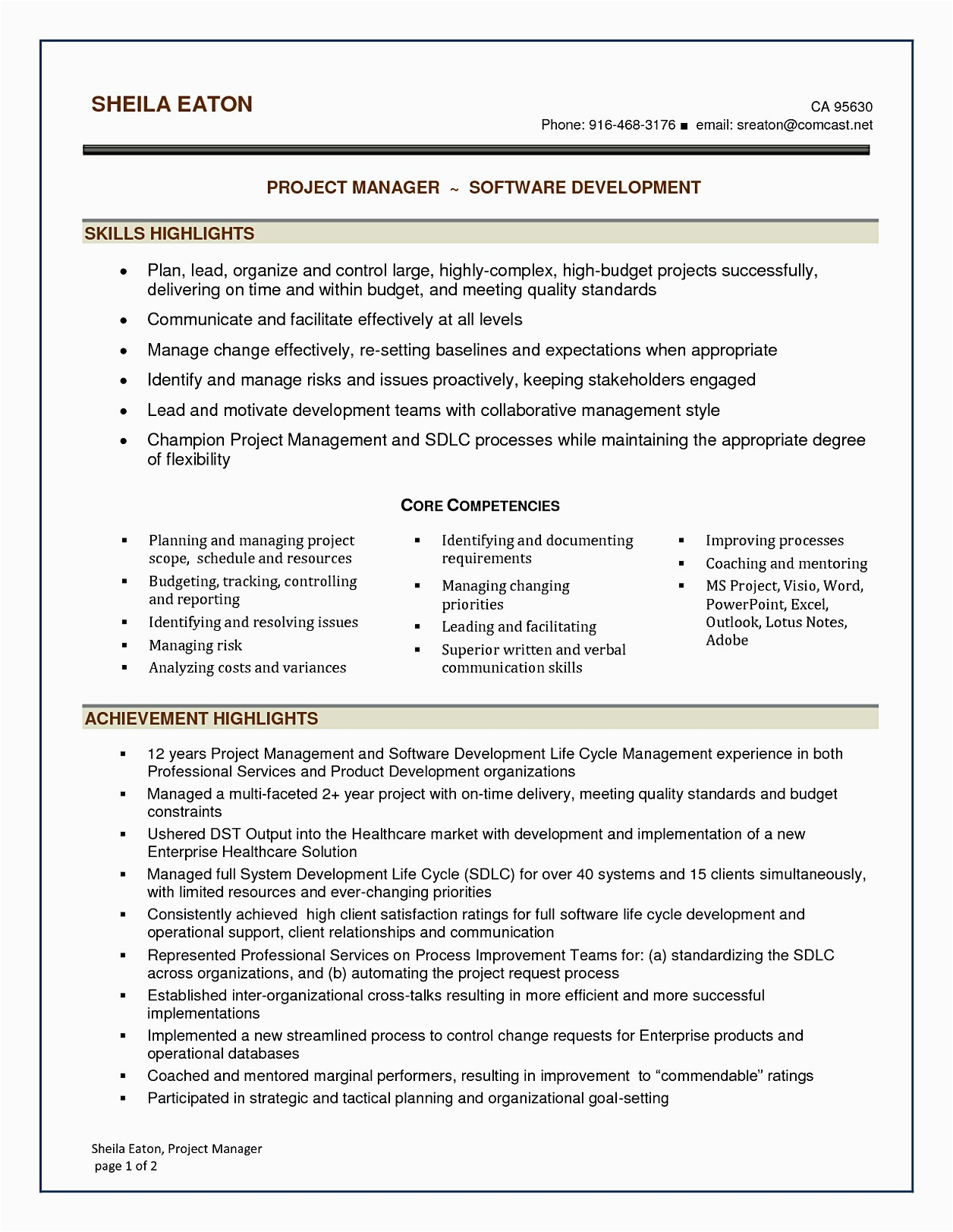 Sample Resume for Project Manager It software India software Project Manager Resume