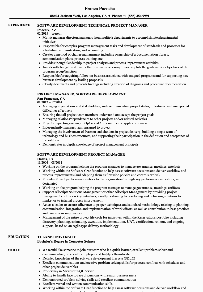Sample Resume for Project Manager It software software Development Project Manager Resume Samples