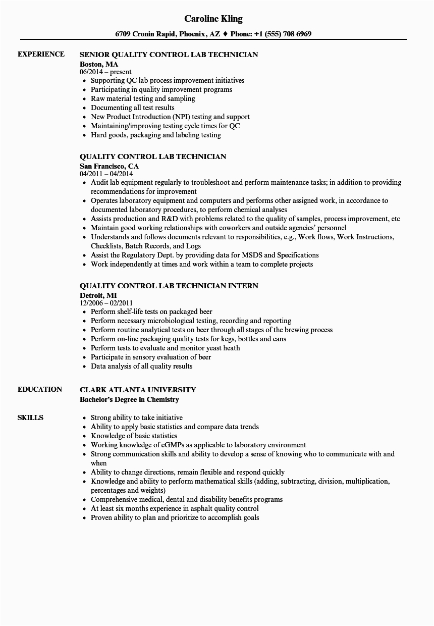 Sample Resume for Quality Control Technician Quality Control Lab Technician Resume Samples
