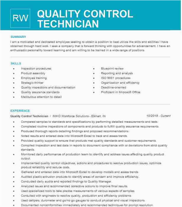 Sample Resume for Quality Control Technician Quality Control Technician Resume Example Signal Hill
