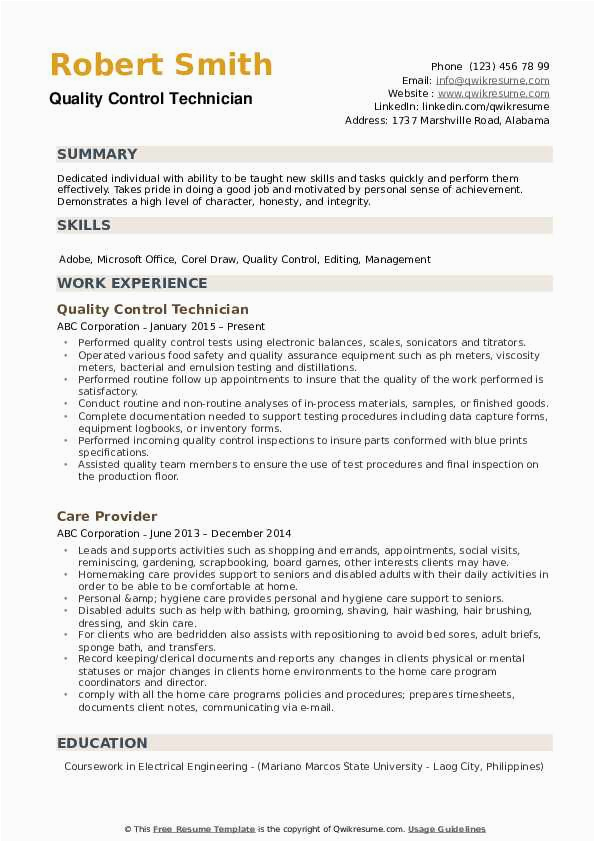 Sample Resume for Quality Control Technician Quality Control Technician Resume Samples