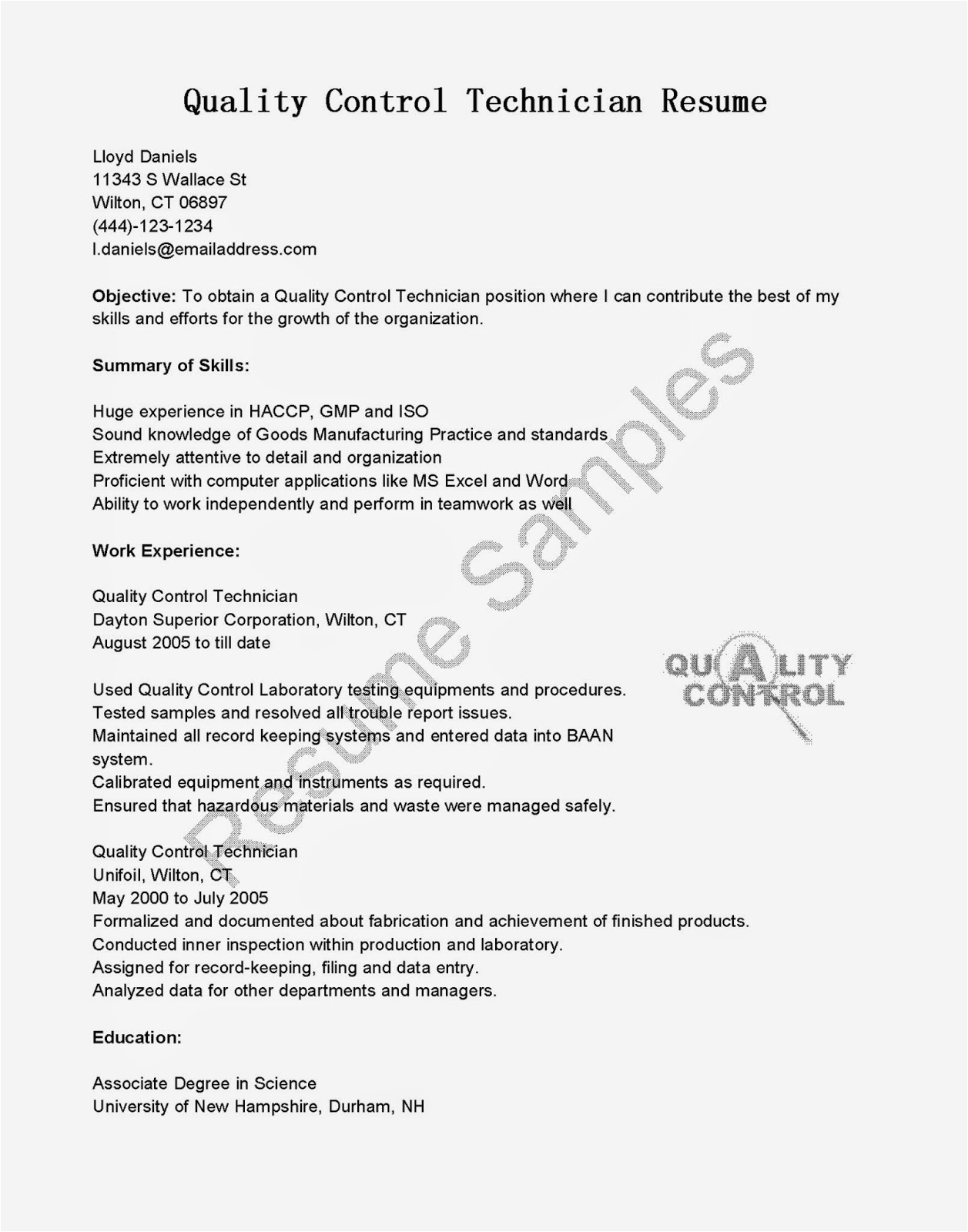Sample Resume for Quality Control Technician Resume Samples Quality Control Technician Resume Sample