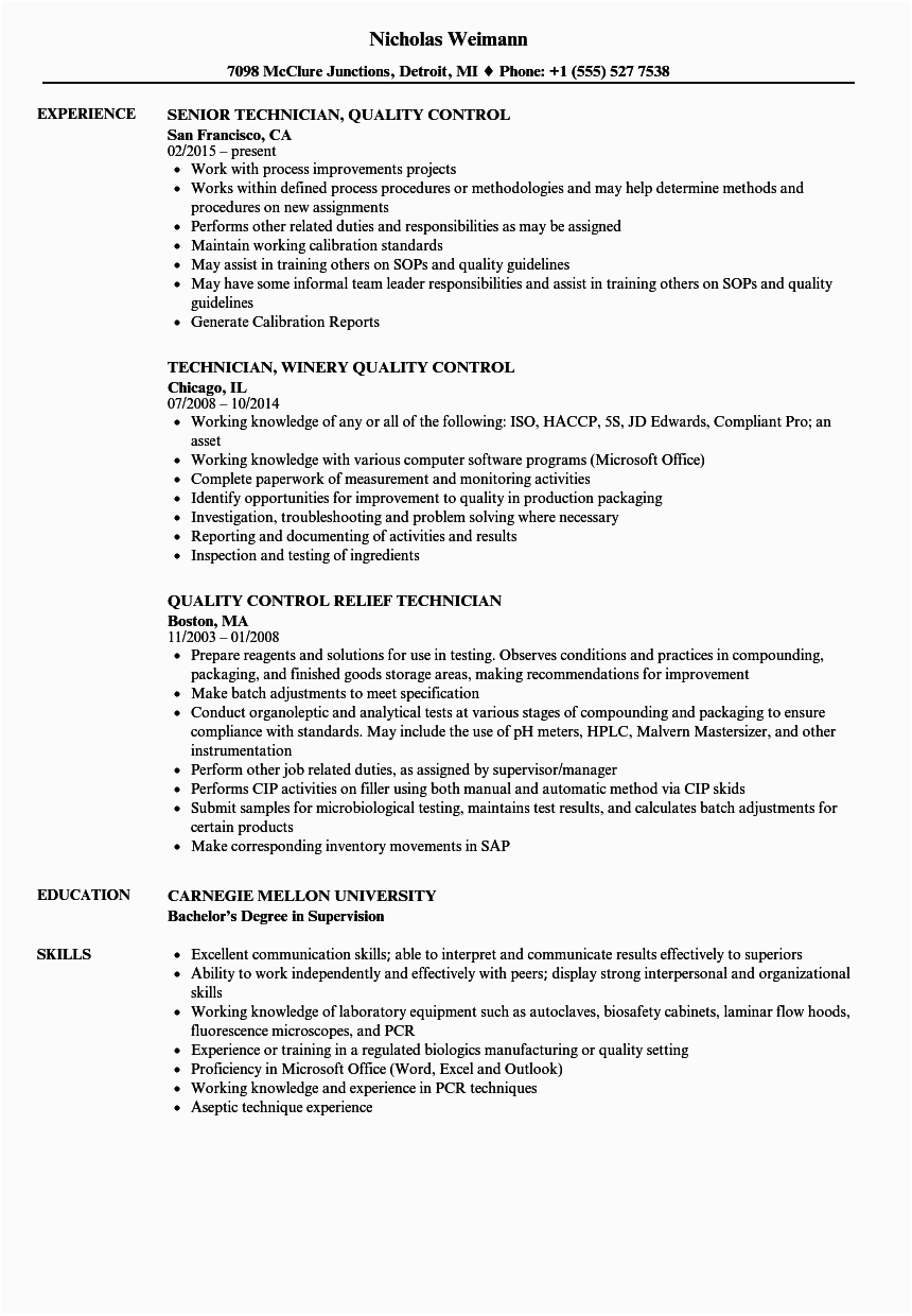 Sample Resume for Quality Control Technician Technician Quality Control Resume Samples