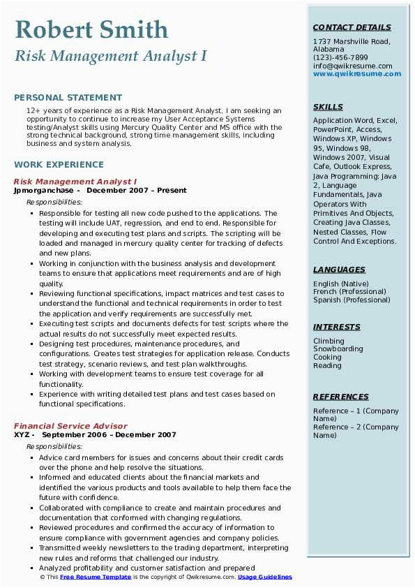 Sample Resume for Risk Management Analyst Risk Management Analyst Resume Samples