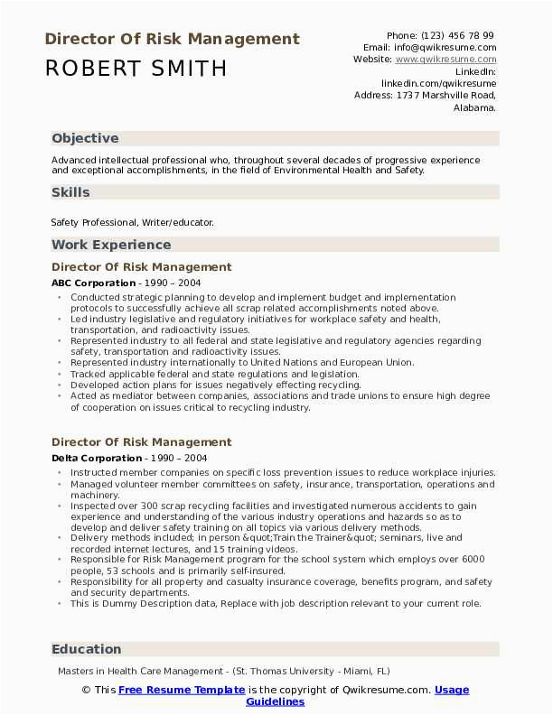 Sample Resume for Risk Management Professionals Director Risk Management Resume Samples