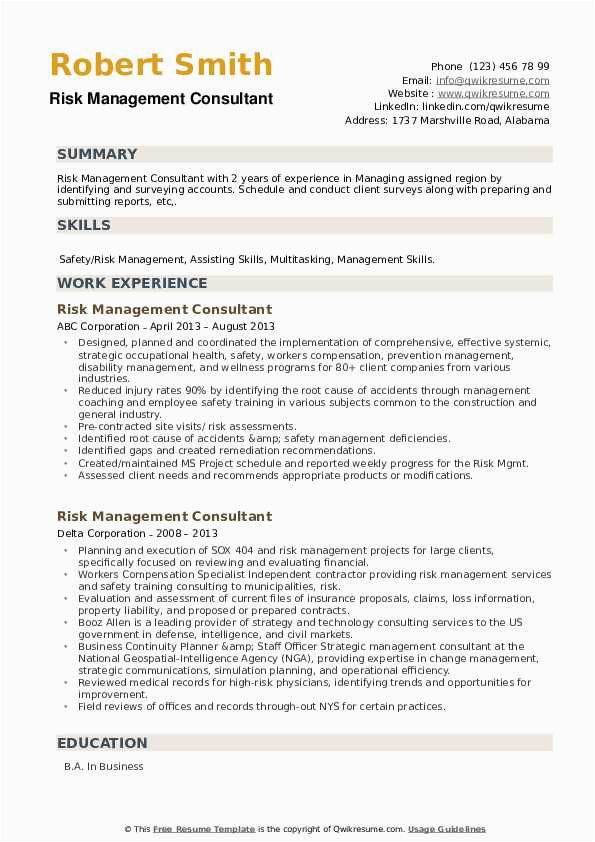 Sample Resume for Risk Management Professionals Risk Management Consultant Resume Samples