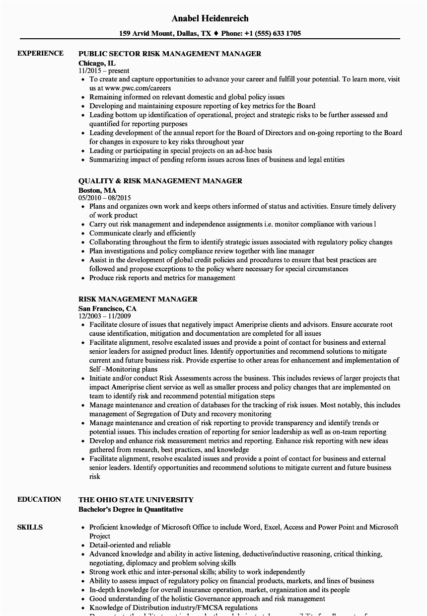 Sample Resume for Risk Management Professionals Risk Management Manager Resume Samples