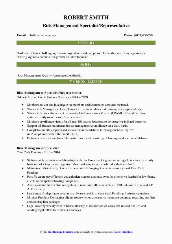 Sample Resume for Risk Management Professionals Risk Management Specialist Resume Samples