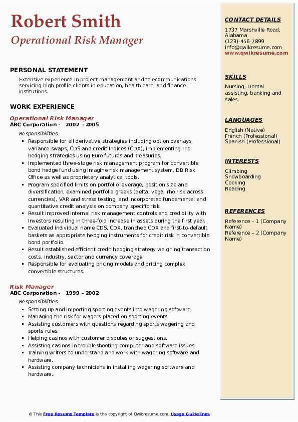 Sample Resume for Risk Management Professionals Risk Manager Resume Samples