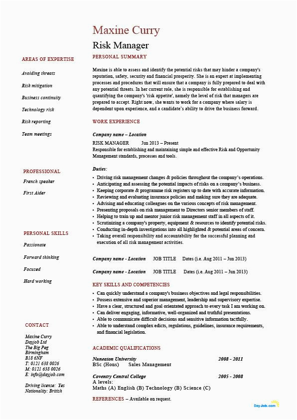 Sample Resume for Risk Management Professionals Risk Manager Resume Template Job Opportunities Employment