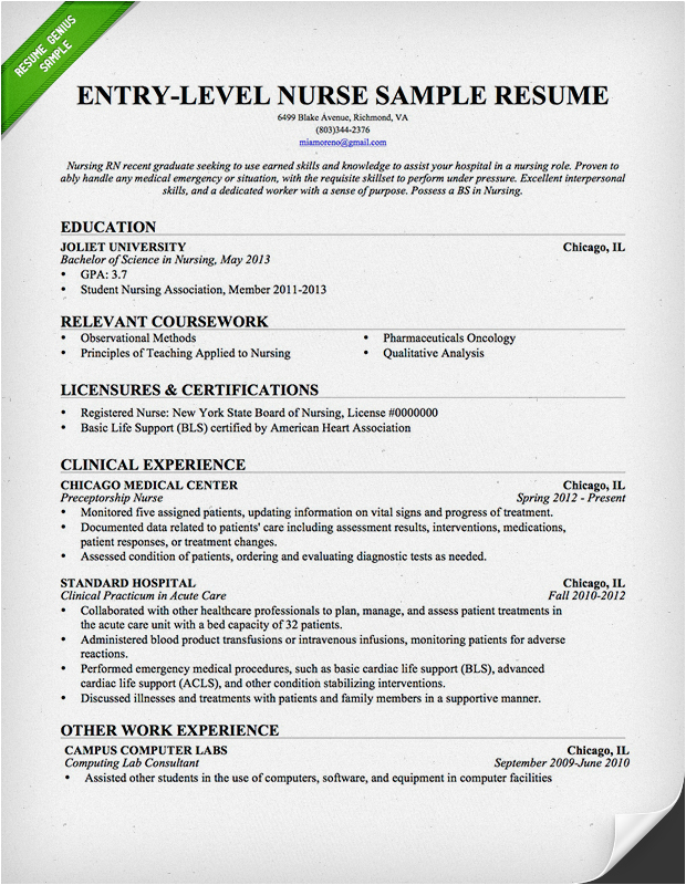 Sample Resume for Rn Entry Level Entry Level Nurse Resume Sample