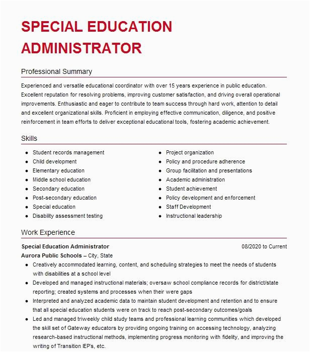 Sample Resume for School Administrator Position Special Education Administrator Special Education Teacher