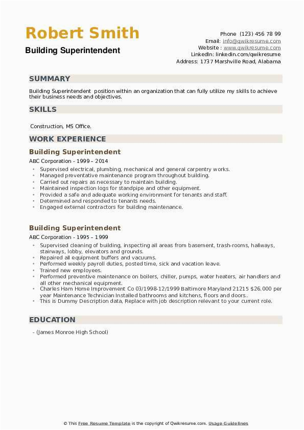 Sample Resume for School Superintendent Position Building Superintendent Resume Samples