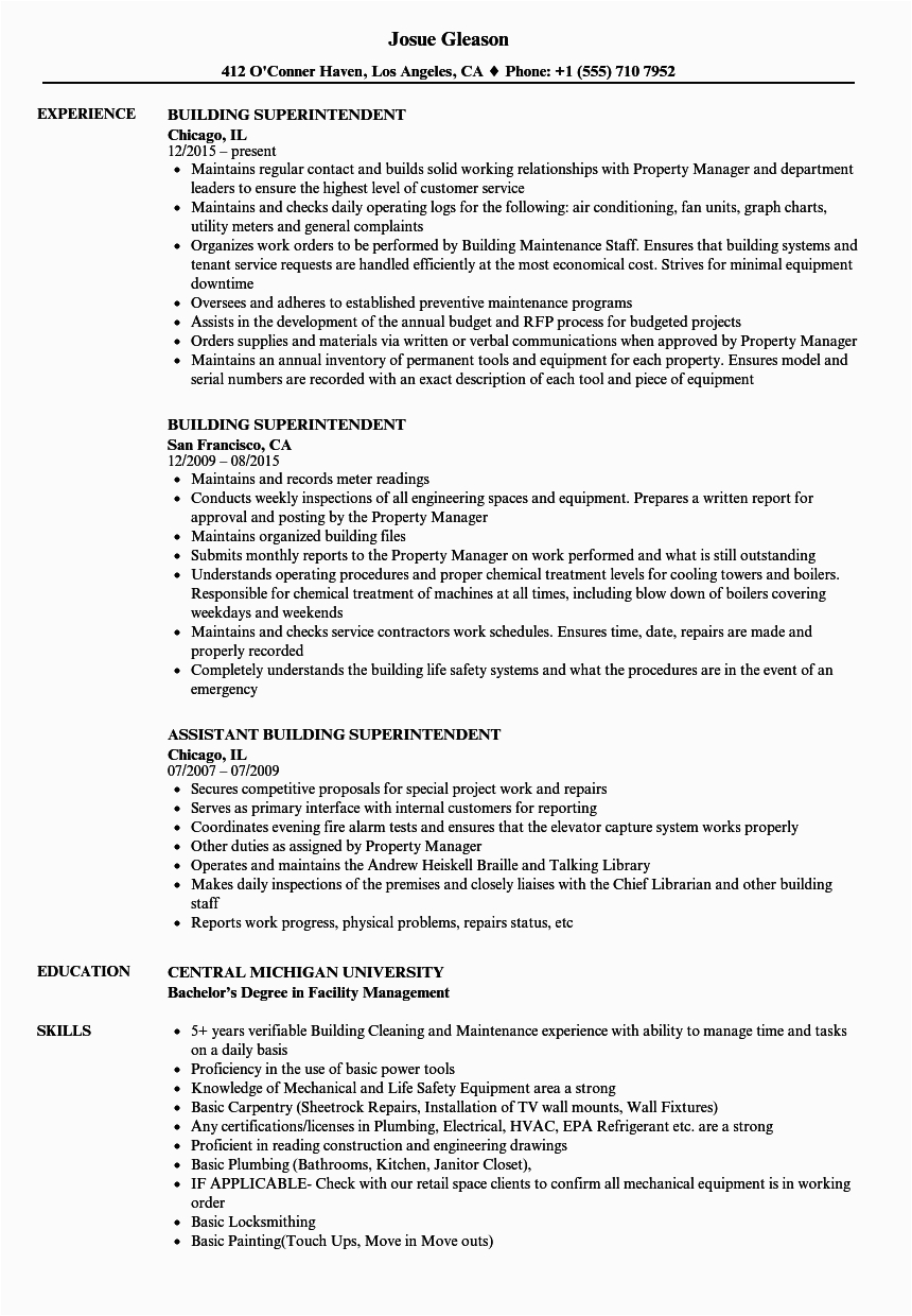Sample Resume for School Superintendent Position Resume Examples for Building Superintendent Building