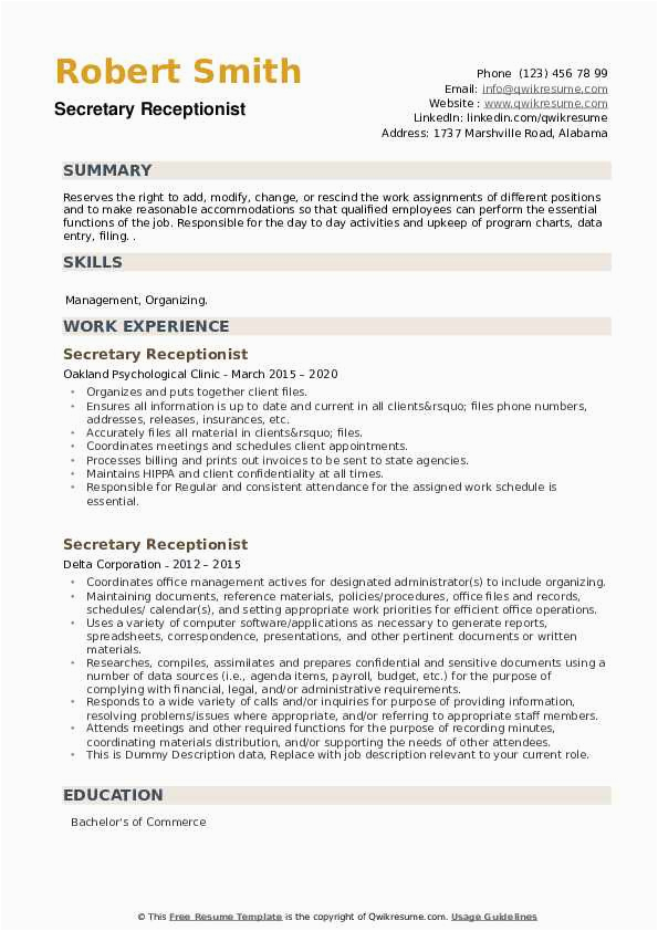 Sample Resume for Secretary with No Experience Secretary Receptionist Resume Samples