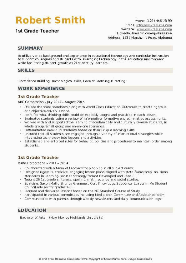 Sample Resume for Teacher with Little Experience 1st Grade Teacher Resume Samples
