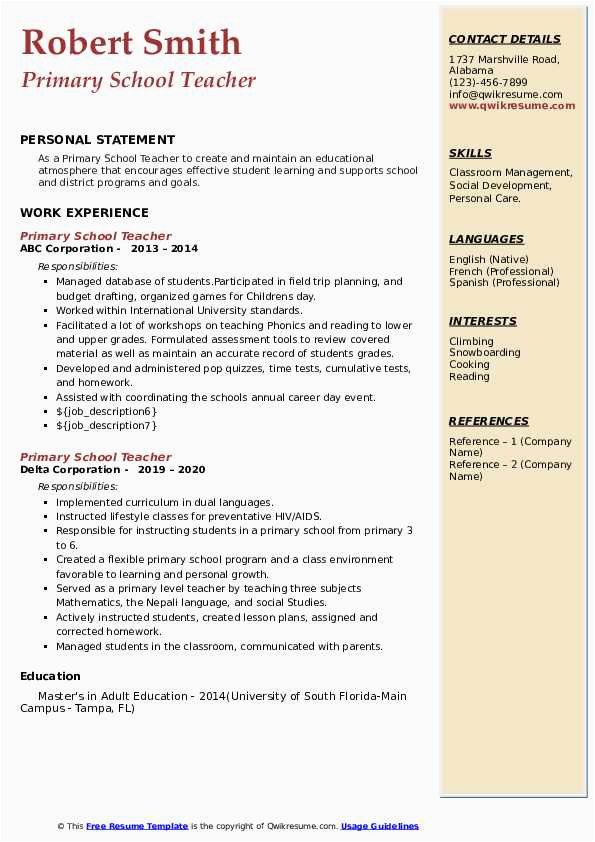 Sample Resume for Teacher with Little Experience Primary School Teacher Resume Samples