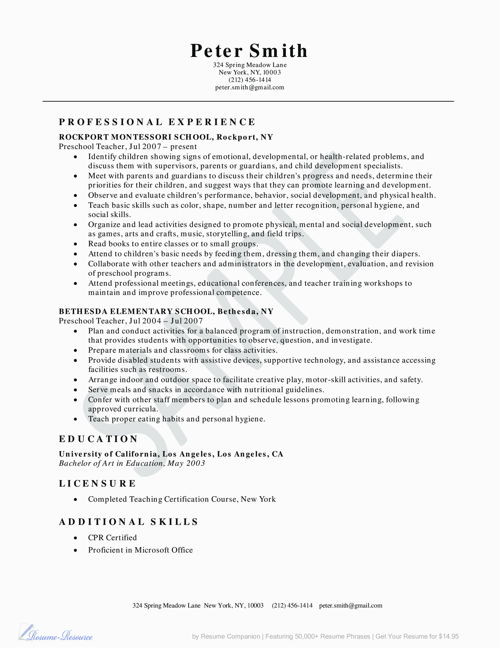 Sample Resume for Teachers for Preschool Preschool Teacher Resume Example