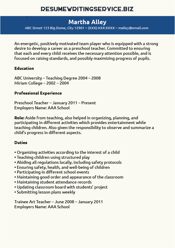 Sample Resume for Teachers for Preschool Preschool Teacher Resume Sample