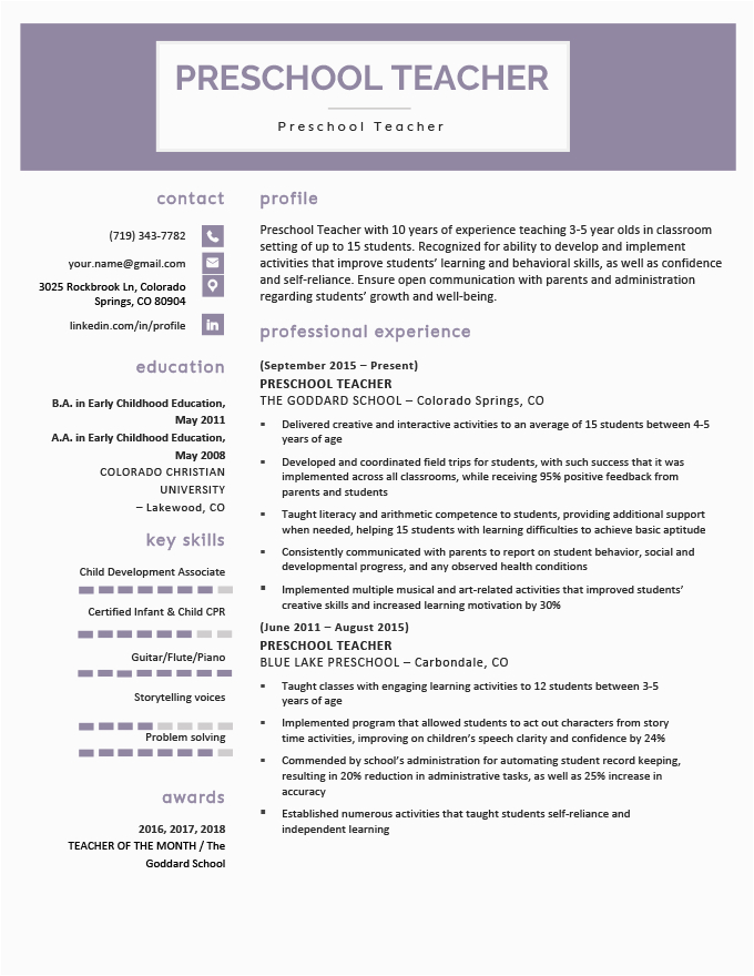 Sample Resume for Teachers for Preschool Preschool Teacher Resume Samples & Writing Guide