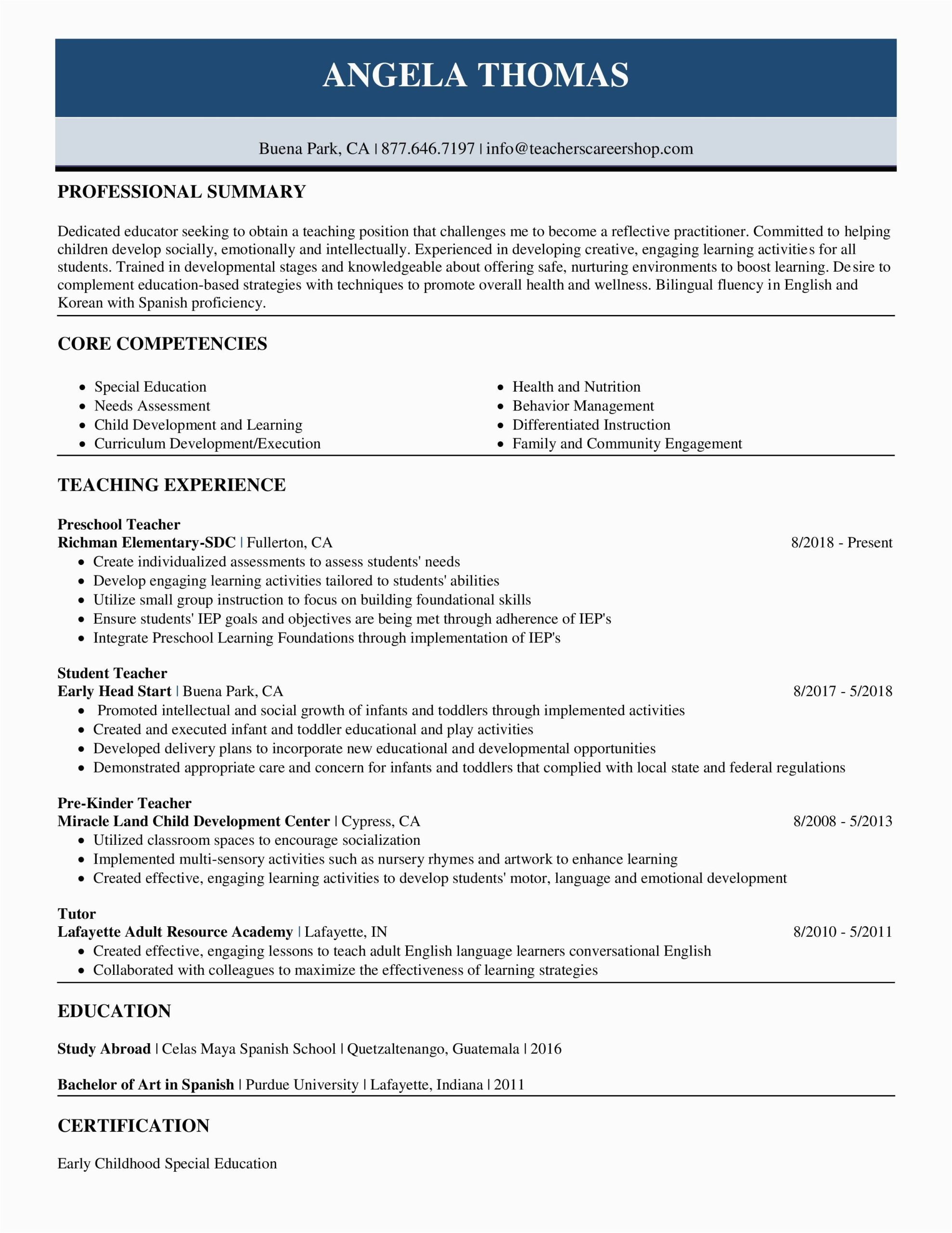 Sample Resume for Teachers Transitioning Out Of Teaching Early Childhood Education Teacher
