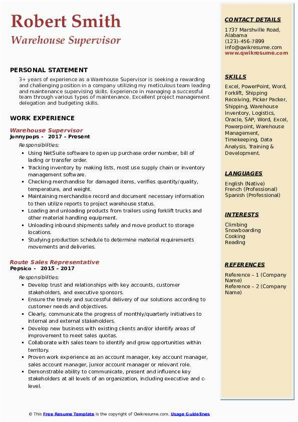Sample Resume for Warehouse Supervisor Position Warehouse Supervisor Resume Samples