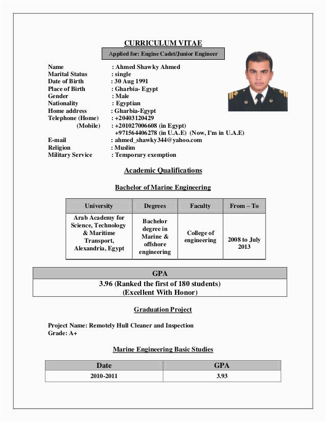 Sample Resume format for Marine Engineers Ahmed Shawky C V Marine Engineer