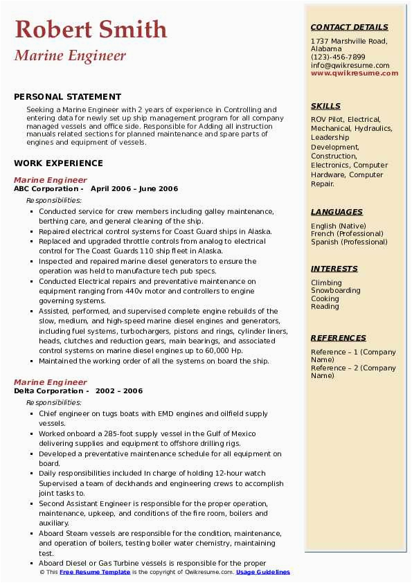 Sample Resume format for Marine Engineers Marine Engineer Resume Samples