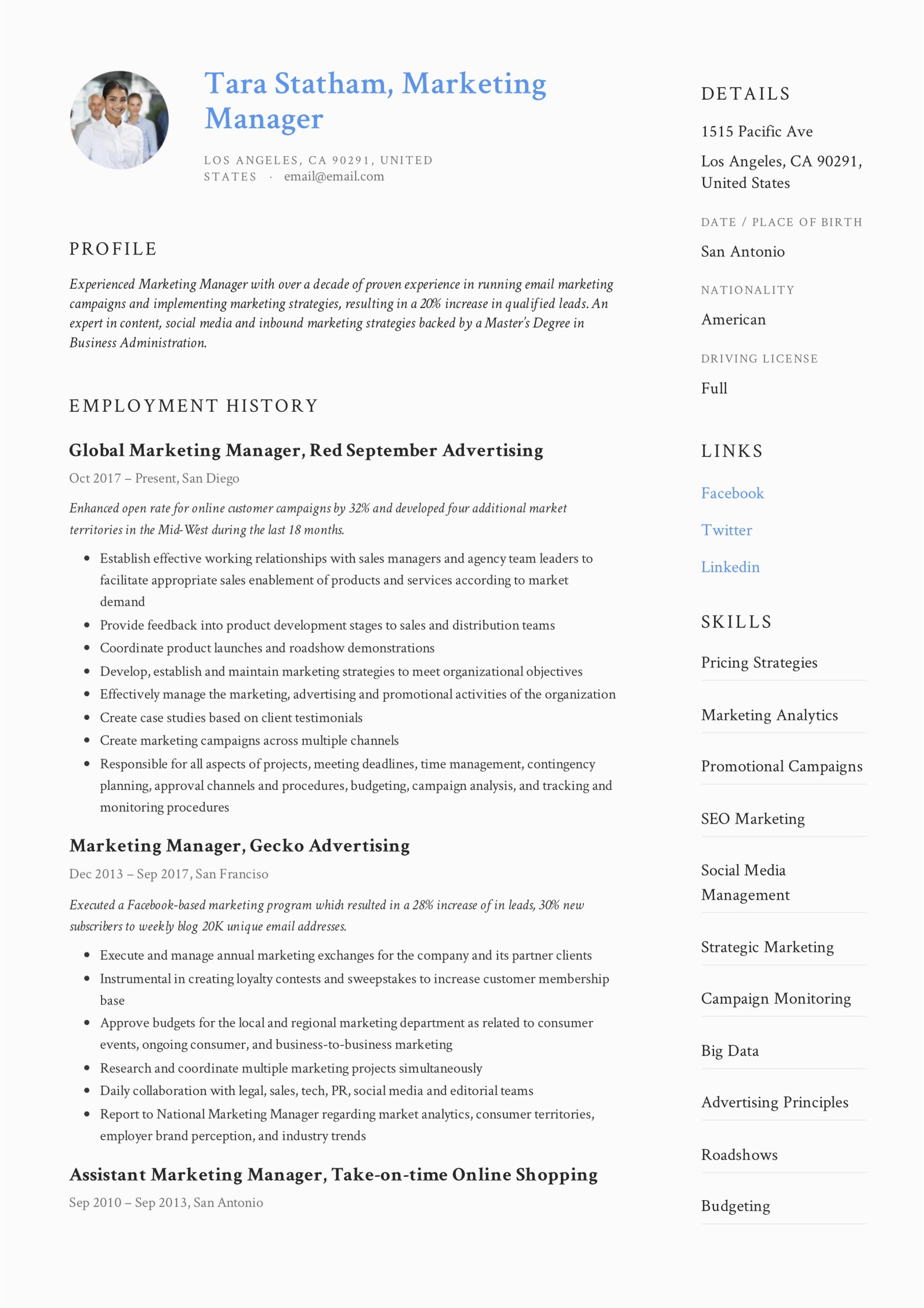 Sample Resume format for Marketing Professional Marketing Manager Resume Writing Guide 12 Templates