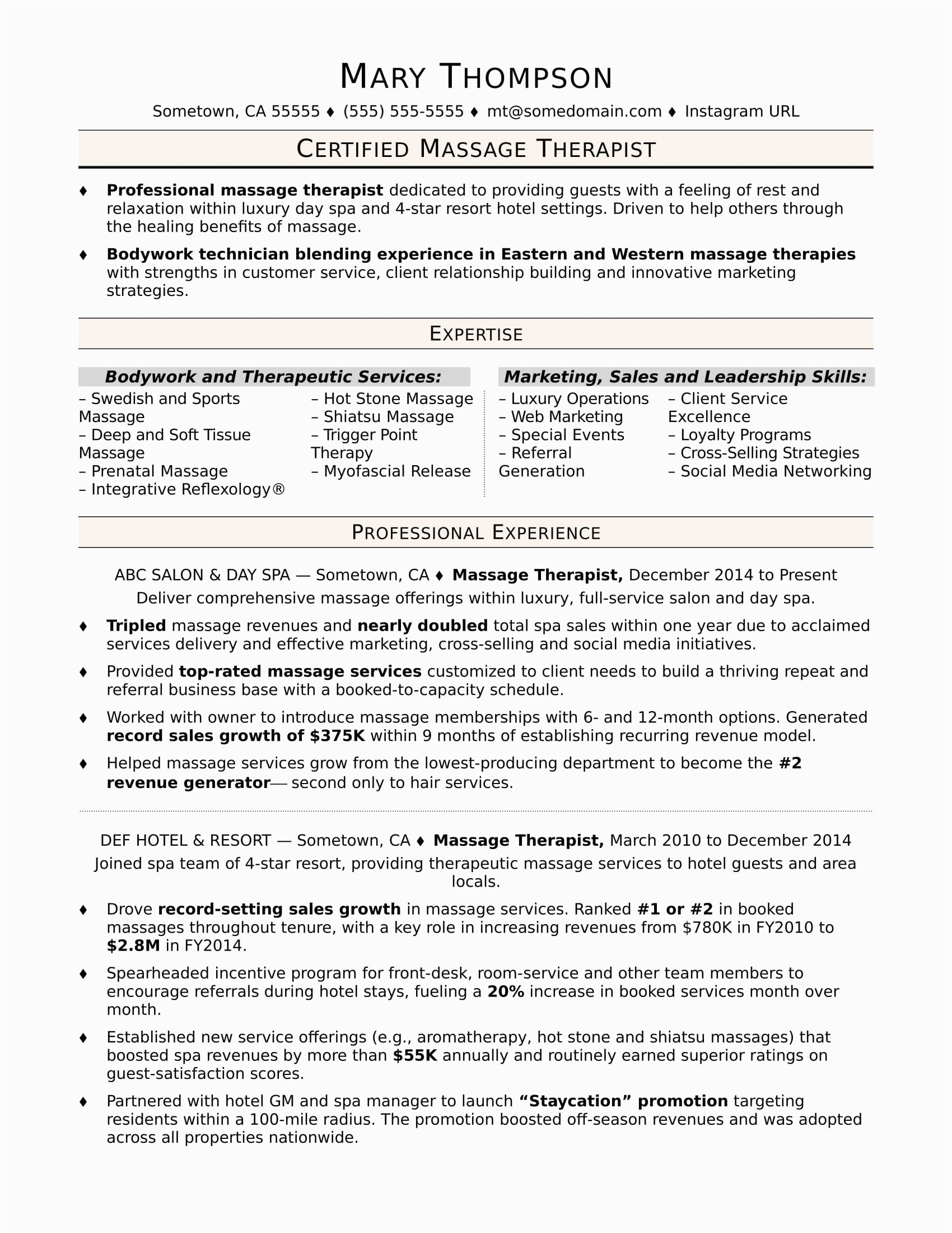 Sample Resume format for Massage therapist Massage therapist Resume