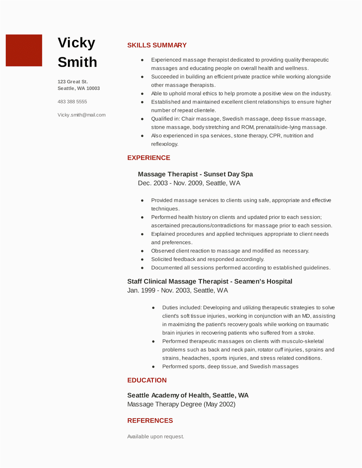 Sample Resume format for Massage therapist Massage therapist Resume Sample