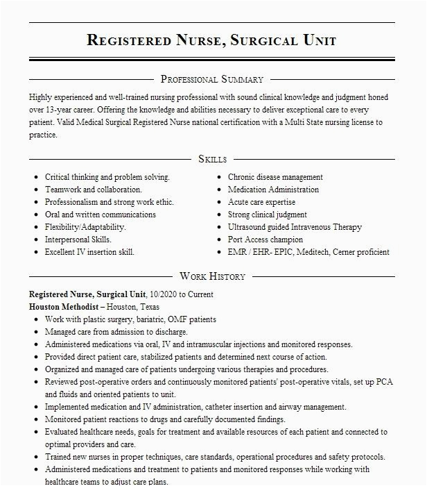 Sample Resume Medical Surgical Registered Nurse Registered Nurse Medical Surgical Nurse Resume Example St
