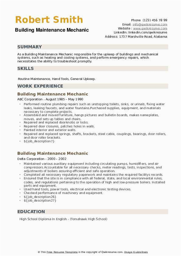 Sample Resume Objective for Building Maintenance Building Maintenance Mechanic Resume Samples